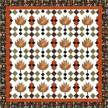 Image of the Sew-N-Quilt Raking Leaves Quilt Pattern by LaVonne Jackson for Riley Blake Designs. Features pieced leaves with squares on a light white background and a black border. 
Cute Little Fabric Shop