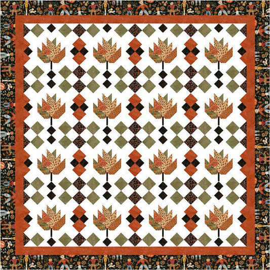 Image of the Sew-N-Quilt Raking Leaves Quilt Pattern by LaVonne Jackson for Riley Blake Designs. Features pieced leaves with squares on a light white background and a black border. 
Cute Little Fabric Shop