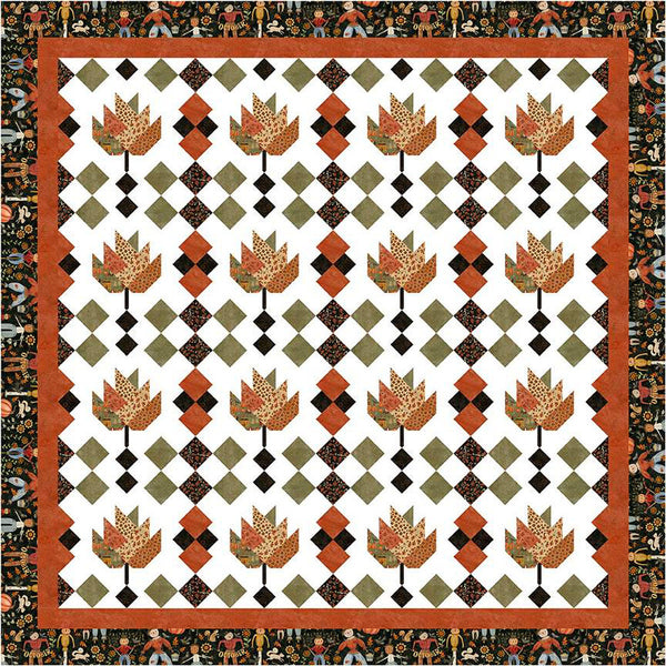 Image of the Sew-N-Quilt Raking Leaves Quilt Pattern by LaVonne Jackson for Riley Blake Designs. Features pieced leaves with squares on a light white background and a black border. 
Cute Little Fabric Shop