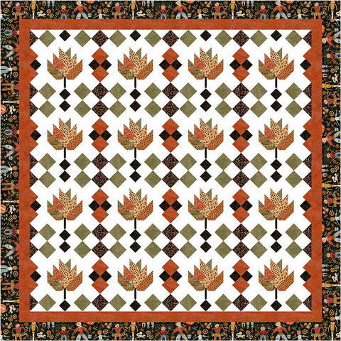 Image of the Sew-N-Quilt Raking Leaves Quilt Pattern by LaVonne Jackson for Riley Blake Designs. Features pieced leaves with squares on a light white background and a black border. 
Cute Little Fabric Shop