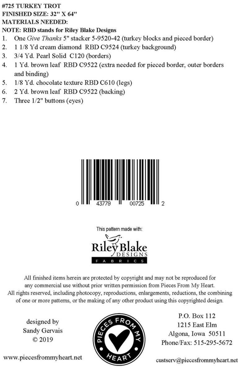 Image shows the fabric requirements for the Sandy Gervais Turkey Trot Table Runner Pattern by Riley Blake Designs. 
Cute Little Fabric Shop