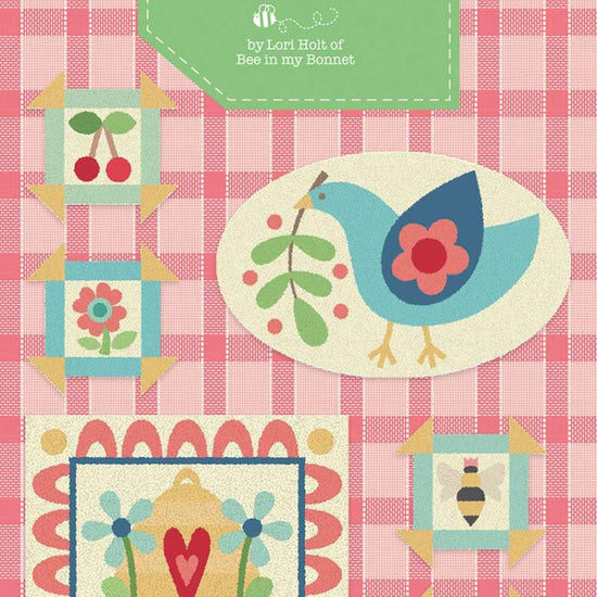 Image of the Summer Punch Needle Pattern by Lori Holt for Riley Blake Designs. Features 6 summer patterns: a bird, a beehive, a heart, a bee, a flower, and cherries. 
Cute Little Fabric Shop