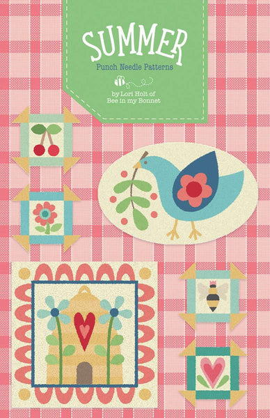 Image of the Summer Punch Needle Pattern by Lori Holt for Riley Blake Designs. Features 6 summer patterns: a bird, a beehive, a heart, a bee, a flower, and cherries. 
Cute Little Fabric Shop