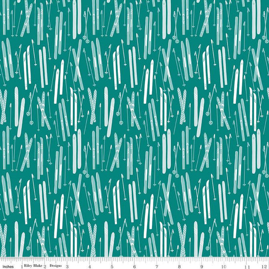 Image of the Ski Hill Skis Teal quilting cotton fabric by Corinne Wells for Riley Blake Designs. Features skis and ski poles scattered on a teal background.
Cute Little Fabric Shop