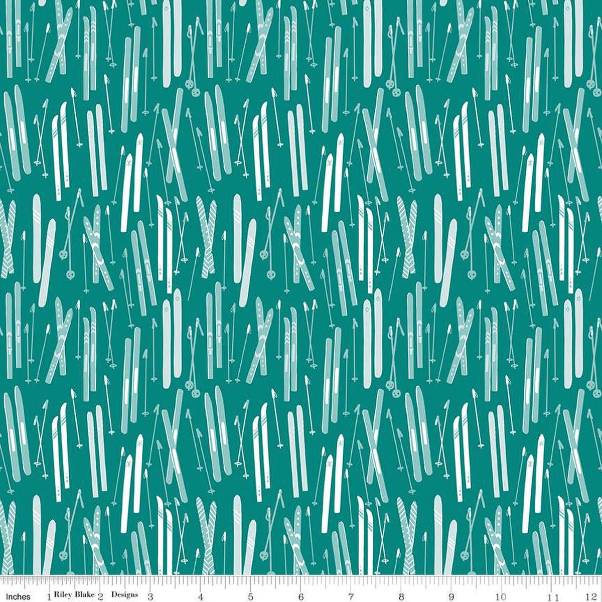 Image of the Ski Hill Skis Teal quilting cotton fabric by Corinne Wells for Riley Blake Designs. Features skis and ski poles scattered on a teal background.
Cute Little Fabric Shop
