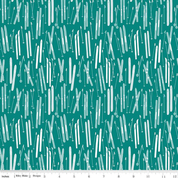 Image of the Ski Hill Skis Teal quilting cotton fabric by Corinne Wells for Riley Blake Designs. Features skis and ski poles scattered on a teal background.
Cute Little Fabric Shop