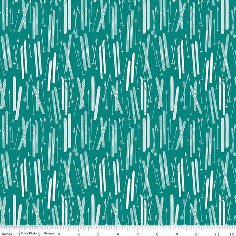 Image of the Ski Hill Skis Teal quilting cotton fabric by Corinne Wells for Riley Blake Designs. Features skis and ski poles scattered on a teal background.
Cute Little Fabric Shop