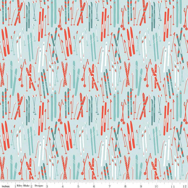 Image of the Ski Hill Skis Powder quilting cotton fabric by Corinne Wells for Riley Blake Designs. Features skis and ski poles scattered on a light blue background.
Cute Little Fabric Shop