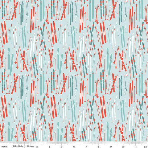 Image of the Ski Hill Skis Powder quilting cotton fabric by Corinne Wells for Riley Blake Designs. Features skis and ski poles scattered on a light blue background.
Cute Little Fabric Shop