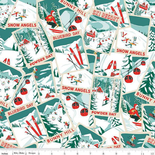 Image of the Ski Hill Ski Posters Multi quilting cotton fabric by Corinne Wells for Riley Blake Designs. Features ski posters with people, ski lifts, and mountains on a teal background.
Cute Little Fabric Shop