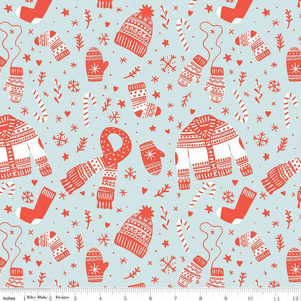 Image of the Ski Hill Main Powder quilting cotton fabric by Corinne Wells for Riley Blake Designs. Features red and white winter clothing, candy canes, snowflakes, stars, and more on a light blue background.
Cute Little Fabric Shop