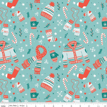 Image of the Ski Hill Main Aqua quilting cotton fabric by Corinne Wells for Riley Blake Designs. Features red and white winter clothing, candy canes, snowflakes, stars, and more on an aqua blue background.
Cute Little Fabric Shop