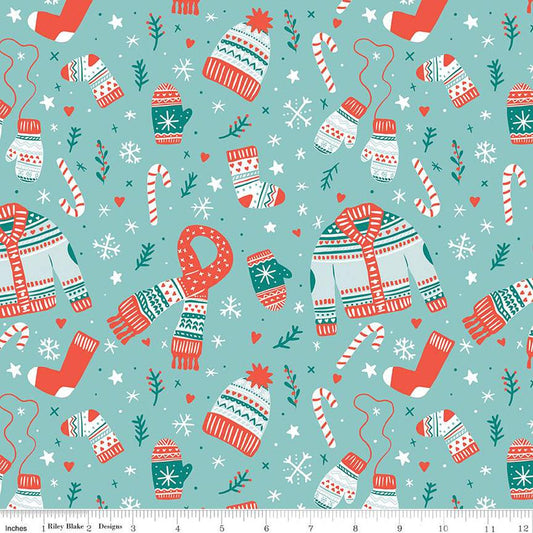 Image of the Ski Hill Main Aqua quilting cotton fabric by Corinne Wells for Riley Blake Designs. Features red and white winter clothing, candy canes, snowflakes, stars, and more on an aqua blue background.
Cute Little Fabric Shop