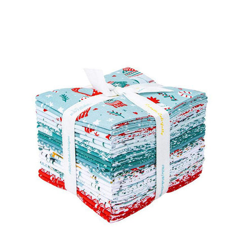 Image of the Ski Hill Fat Quarter Bundle by Corinne Wells for Riley Blake Designs. Features a main blue fabric with scattered coats, hats, mittens, and peppermints. 
Cute Little Fabric Shop