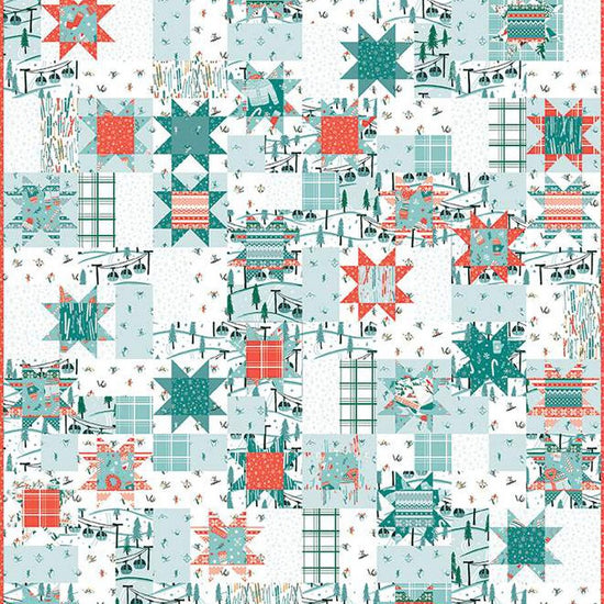 Image of the Frannie B Quilting Co. Stargazer Quilt Pattern by Riley Blake Designs. Features stars scattered on a light background of the Ski Hill fabric. 
Cute Little Fabric Shop