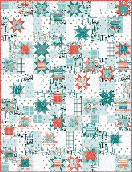 Image of the Frannie B Quilting Co. Stargazer Quilt Pattern by Riley Blake Designs. Features stars scattered on a light background of the Ski Hill fabric. 
Cute Little Fabric Shop