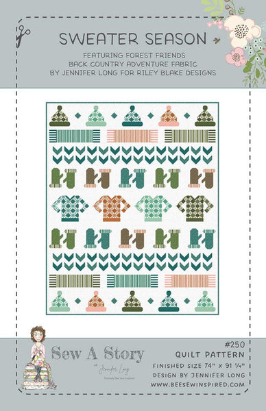 Image of the Jennifer Long Sweater Season Quilt Pattern by Riley Blake Designs. Features a quilt with hats, scarves, and mittens on a light background. 
Cute Little Fabric Shop