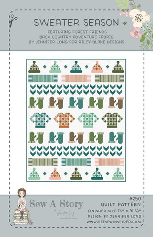 Image of the Jennifer Long Sweater Season Quilt Pattern by Riley Blake Designs. Features a quilt with hats, scarves, and mittens on a light background. 
Cute Little Fabric Shop