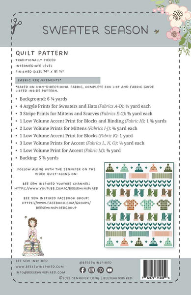 Image of the Jennifer Long Sweater Season Quilt Pattern by Riley Blake Designs. Features a quilt with hats, scarves, and mittens on a light background. Also includes fabric requirements. 
Cute Little Fabric Shop