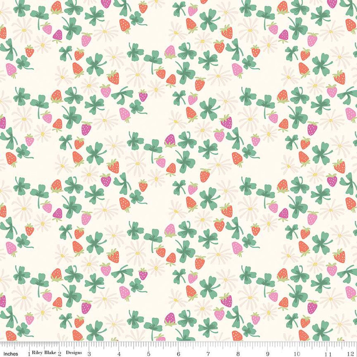 Image of the Chloe Strawberries Cream quilting cotton fabric by Rachel Erickson for Riley Blake Designs. Image features scattered flowers, strawberries, and clovers on a light cream background.
Cute Little Fabric Shop