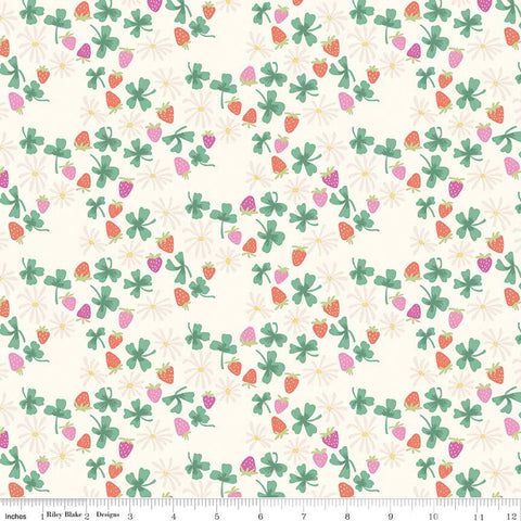 Image of the Chloe Strawberries Cream quilting cotton fabric by Rachel Erickson for Riley Blake Designs. Image features scattered flowers, strawberries, and clovers on a light cream background.
Cute Little Fabric Shop