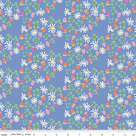 Image of the Chloe Strawberries Blue quilting cotton fabric by Rachel Erickson for Riley Blake Designs. Image features scattered flowers, strawberries, and clovers on a blue background.
Cute Little Fabric Shop