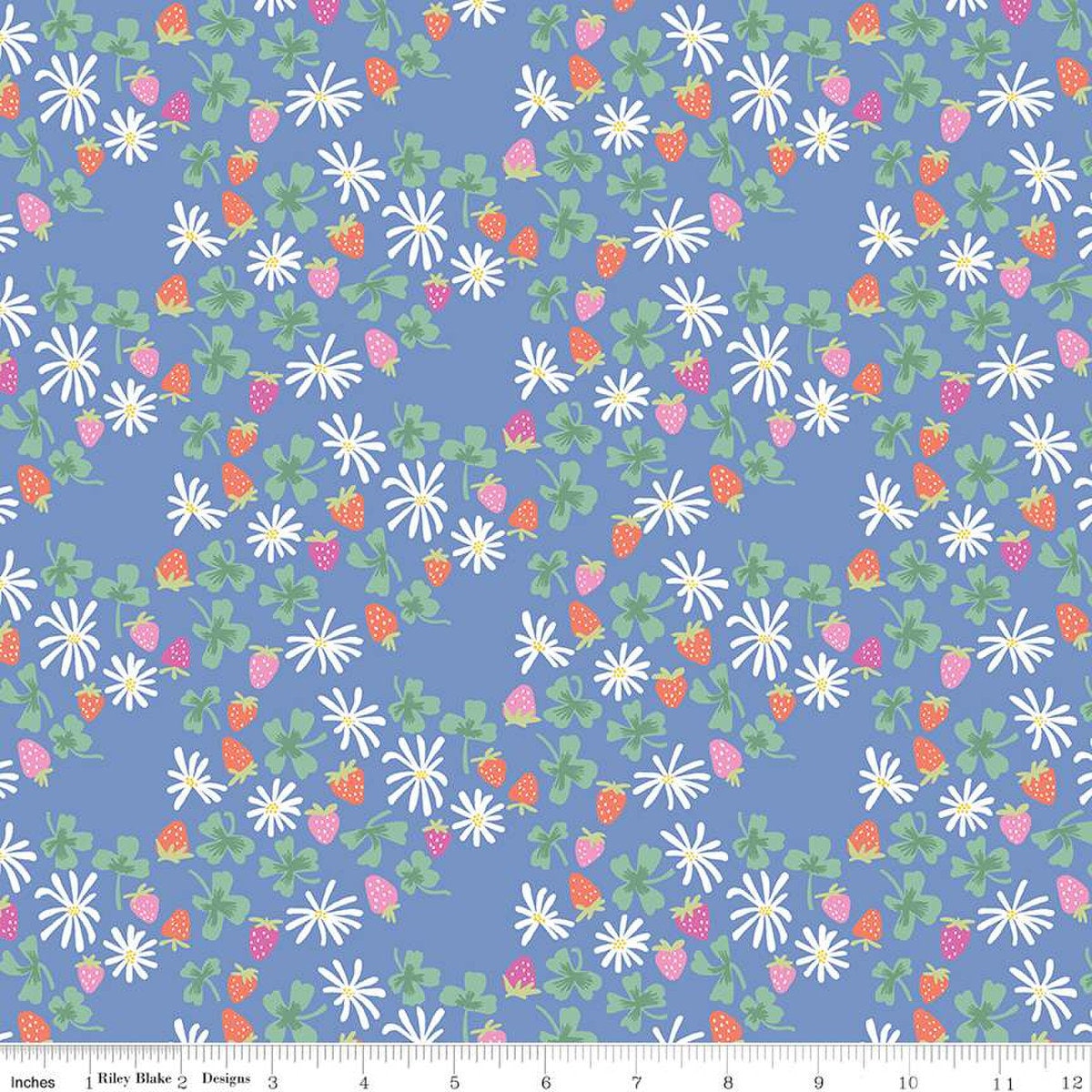 Image of the Chloe Strawberries Blue quilting cotton fabric by Rachel Erickson for Riley Blake Designs. Image features scattered flowers, strawberries, and clovers on a blue background.
Cute Little Fabric Shop