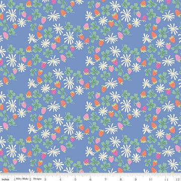 Image of the Chloe Strawberries Blue quilting cotton fabric by Rachel Erickson for Riley Blake Designs. Image features scattered flowers, strawberries, and clovers on a blue background.
Cute Little Fabric Shop