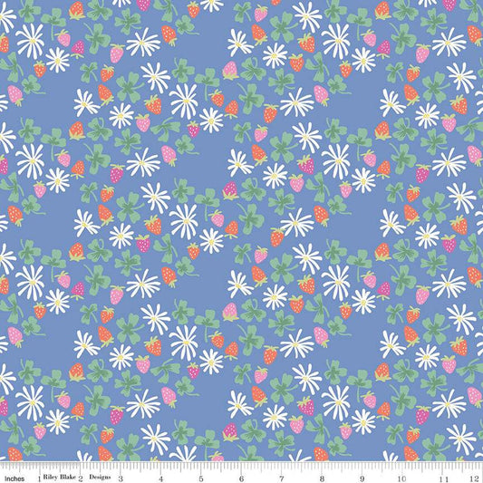 Image of the Chloe Strawberries Blue quilting cotton fabric by Rachel Erickson for Riley Blake Designs. Image features scattered flowers, strawberries, and clovers on a blue background.
Cute Little Fabric Shop