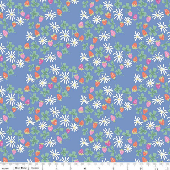 Image of the Chloe Strawberries Blue quilting cotton fabric by Rachel Erickson for Riley Blake Designs. Image features scattered flowers, strawberries, and clovers on a blue background.
Cute Little Fabric Shop