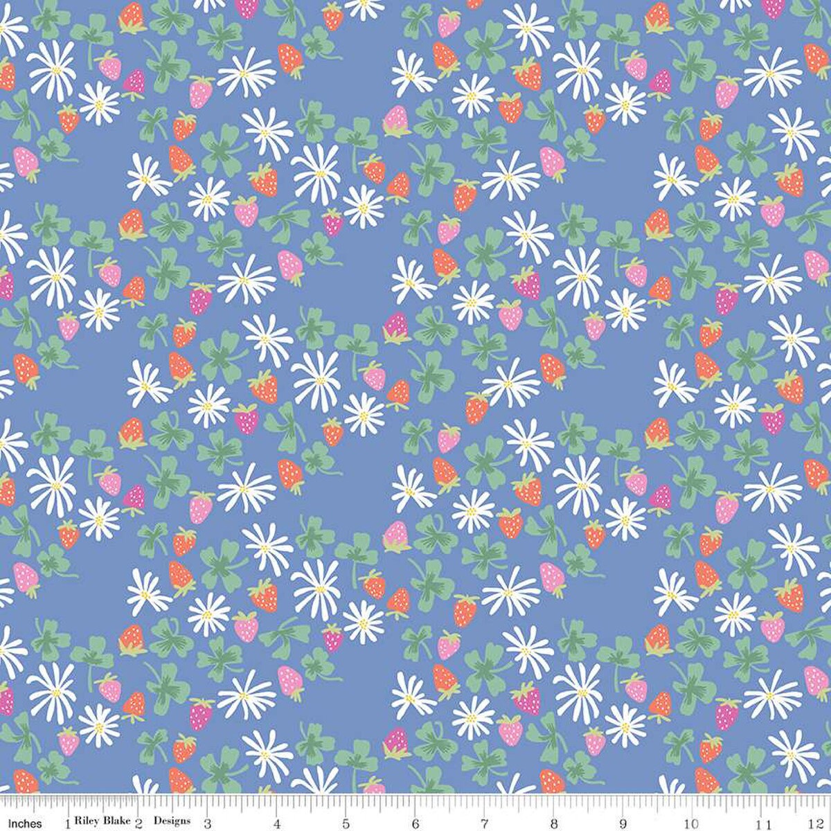 Image of the Chloe Strawberries Blue quilting cotton fabric by Rachel Erickson for Riley Blake Designs. Image features scattered flowers, strawberries, and clovers on a blue background.
Cute Little Fabric Shop