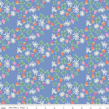 Image of the Chloe Strawberries Blue quilting cotton fabric by Rachel Erickson for Riley Blake Designs. Image features scattered flowers, strawberries, and clovers on a blue background.
Cute Little Fabric Shop