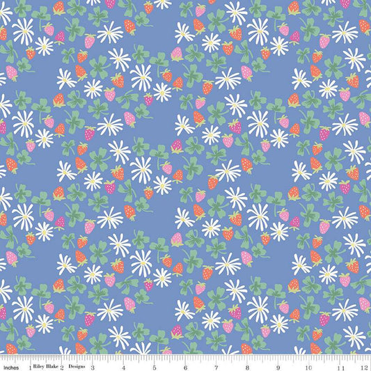 Image of the Chloe Strawberries Blue quilting cotton fabric by Rachel Erickson for Riley Blake Designs. Image features scattered flowers, strawberries, and clovers on a blue background.
Cute Little Fabric Shop