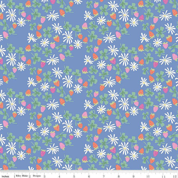 Image of the Chloe Strawberries Blue quilting cotton fabric by Rachel Erickson for Riley Blake Designs. Image features scattered flowers, strawberries, and clovers on a blue background.
Cute Little Fabric Shop