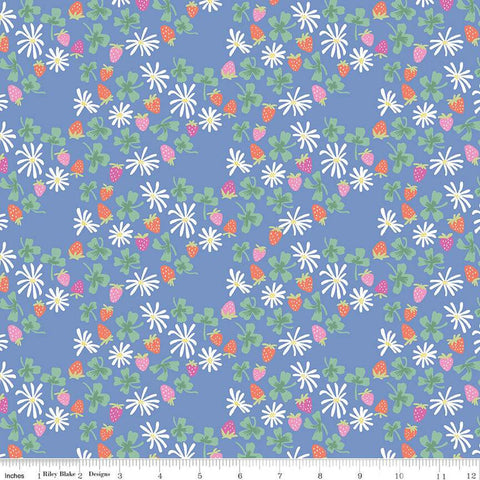 Image of the Chloe Strawberries Blue quilting cotton fabric by Rachel Erickson for Riley Blake Designs. Image features scattered flowers, strawberries, and clovers on a blue background.
Cute Little Fabric Shop