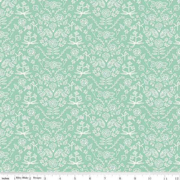 Image of the Chloe Damask Mint quilting cotton fabric by Rachel Erickson for Riley Blake Designs. Image features outlined floral damask designs on a light mint green background.
Cute Little Fabric Shop