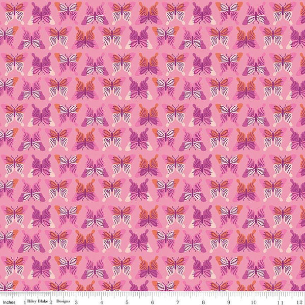 Image of the Chloe Butterflies Peony quilting cotton fabric by Rachel Erickson for Riley Blake Designs. Image features rows of pink, purple, and orange colored butterflies on a pink background.
Cute Little Fabric Shop