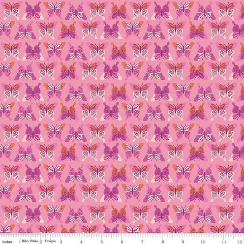 Image of the Chloe Butterflies Peony quilting cotton fabric by Rachel Erickson for Riley Blake Designs. Image features rows of pink, purple, and orange colored butterflies on a pink background.
Cute Little Fabric Shop