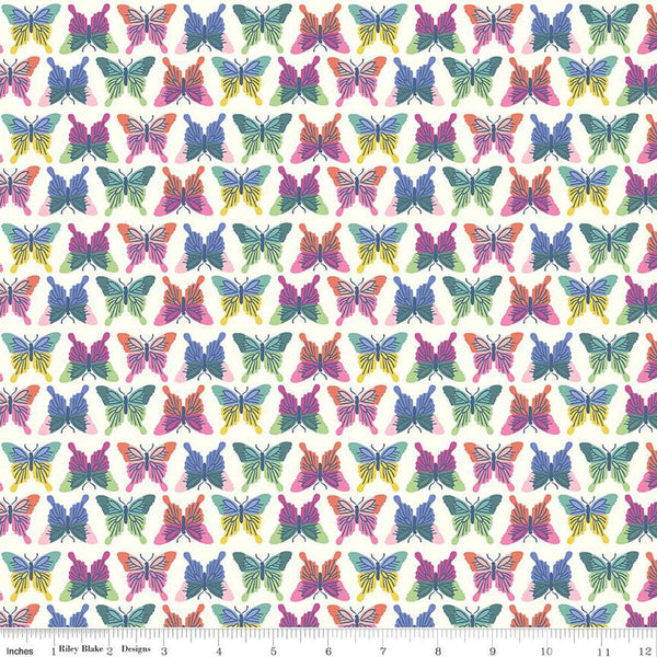 Image of the Chloe Butterflies Cream quilting cotton fabric by Rachel Erickson for Riley Blake Designs. Image features rows of pink, purple, green, and blue colored butterflies on a cream white background.
Cute Little Fabric Shop