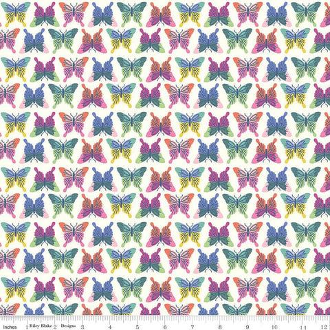 Image of the Chloe Butterflies Cream quilting cotton fabric by Rachel Erickson for Riley Blake Designs. Image features rows of pink, purple, green, and blue colored butterflies on a cream white background.
Cute Little Fabric Shop