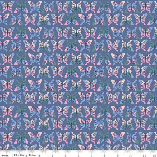 Image of the Chloe Butterflies Blueberry quilting cotton fabric by Rachel Erickson for Riley Blake Designs. Image features rows of pink, purple, green, and blue colored butterflies on a purple blue background.
Cute Little Fabric Shop