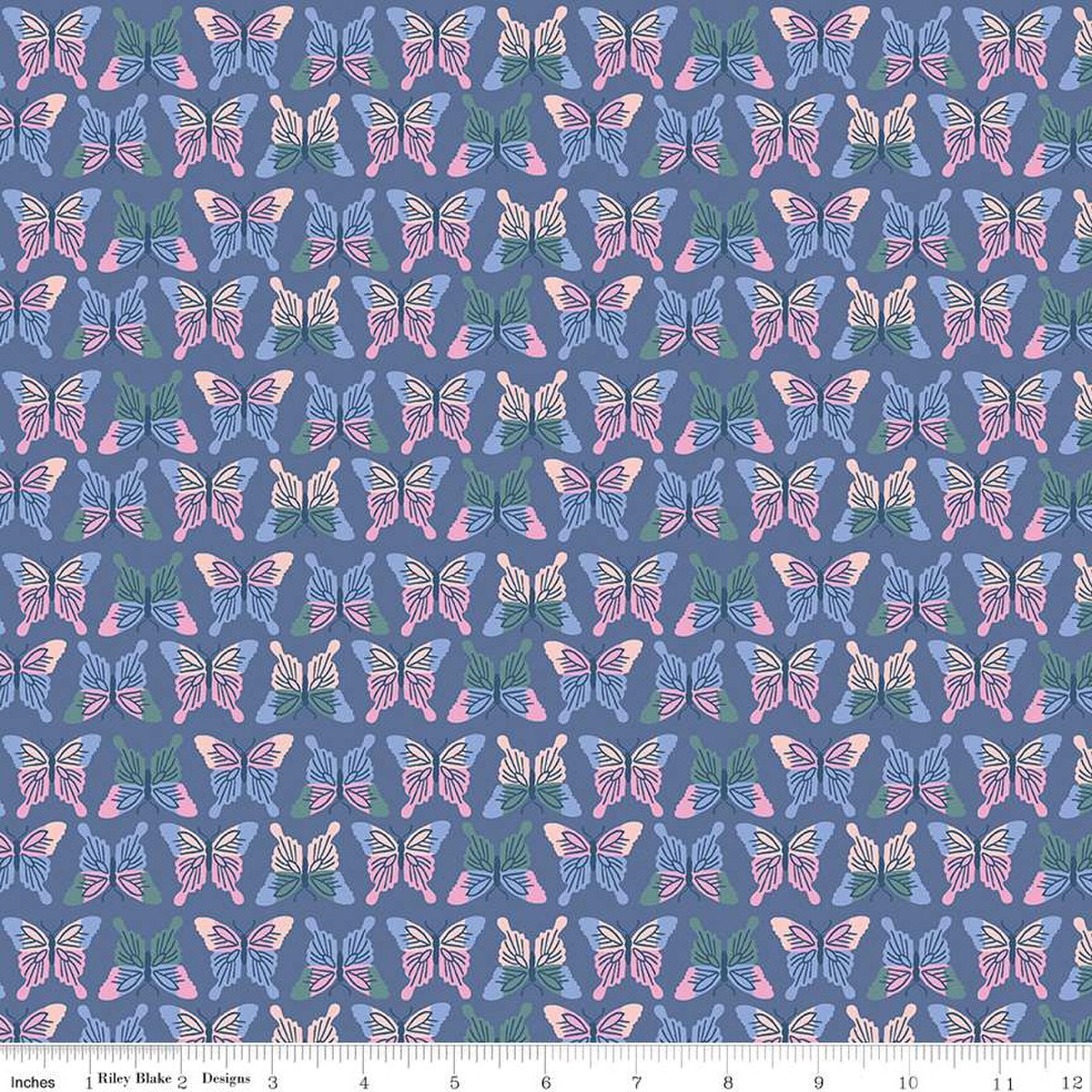 Image of the Chloe Butterflies Blueberry quilting cotton fabric by Rachel Erickson for Riley Blake Designs. Image features rows of pink, purple, green, and blue colored butterflies on a purple blue background.
Cute Little Fabric Shop