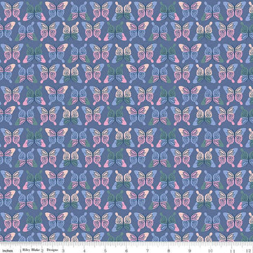 Image of the Chloe Butterflies Blueberry quilting cotton fabric by Rachel Erickson for Riley Blake Designs. Image features rows of pink, purple, green, and blue colored butterflies on a purple blue background.
Cute Little Fabric Shop