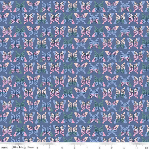 Image of the Chloe Butterflies Blueberry quilting cotton fabric by Rachel Erickson for Riley Blake Designs. Image features rows of pink, purple, green, and blue colored butterflies on a purple blue background.
Cute Little Fabric Shop