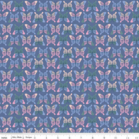 Image of the Chloe Butterflies Blueberry quilting cotton fabric by Rachel Erickson for Riley Blake Designs. Image features rows of pink, purple, green, and blue colored butterflies on a purple blue background.
Cute Little Fabric Shop