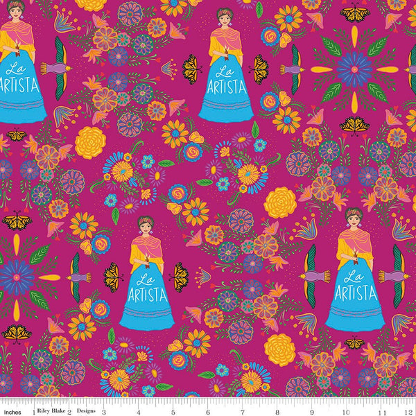 Fat Quarter End of Bolt - CLEARANCE Eleanor Main C11710 Fuchsia - Riley Blake - Flowers Frida Kahlo Artist Blue - Quilting Cotton Fabric