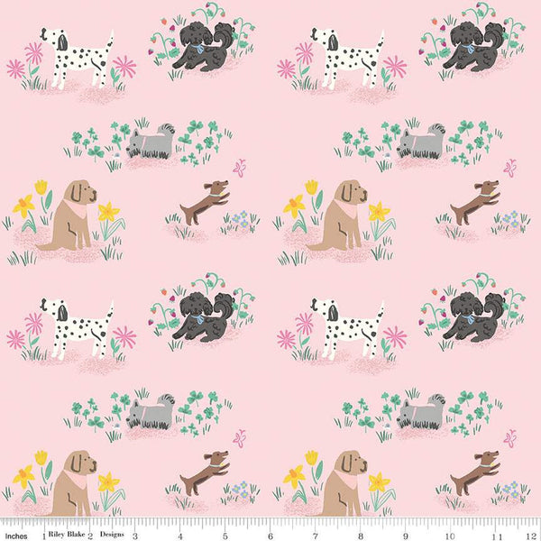 Image of the Chloe Dogs Pink quilting cotton fabric by Rachel Erickson for Riley Blake Designs. Image features dogs playing in patches of flowers and grass on a pink background.
Cute Little Fabric Shop