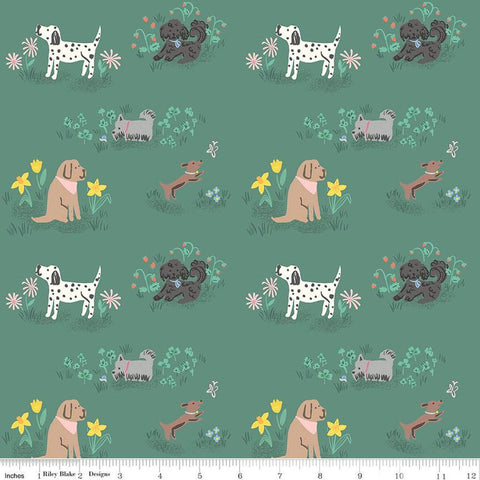 Image of the Chloe Dogs Green quilting cotton fabric by Rachel Erickson for Riley Blake Designs. Image features dogs playing in patches of flowers and grass on a green background.
Cute Little Fabric Shop