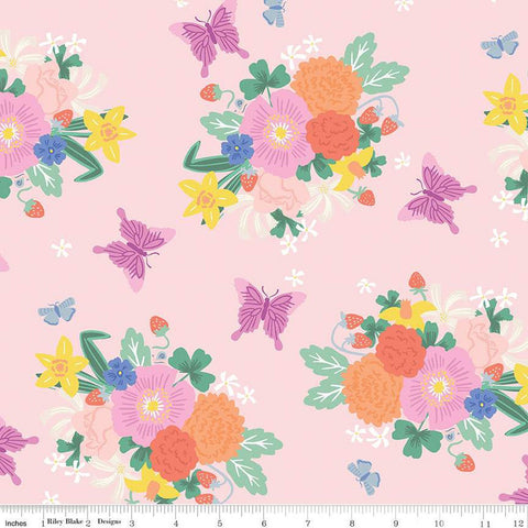 Image of the Chloe Main Pink quilting cotton fabric by Rachel Erickson for Riley Blake Designs. Image features clusters of flowers and strawberries and scattered butterflies on a pink background.
Cute Little Fabric Shop