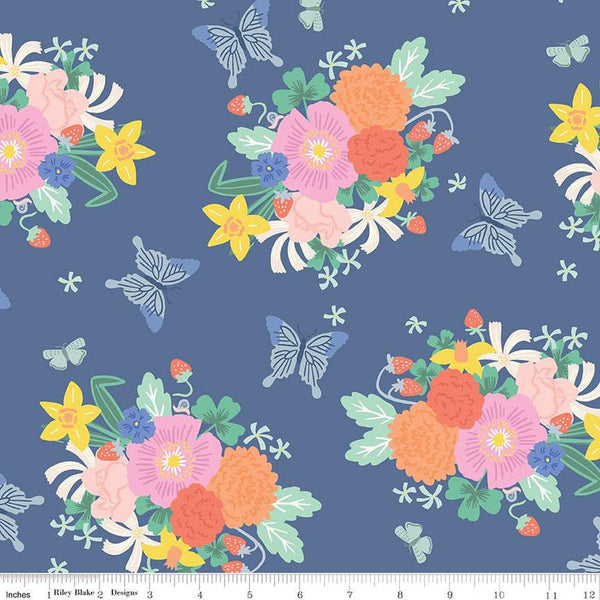 Image of the Chloe Main Blueberry quilting cotton fabric by Rachel Erickson for Riley Blake Designs. Image features clusters of flowers and strawberries and scattered butterflies on a purple blue background.
Cute Little Fabric Shop